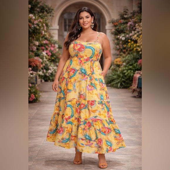 FARM Rio Dresses & Skirts - FARM Rio Yellow Floral Maxi Dress with Multicolor Print Size XL